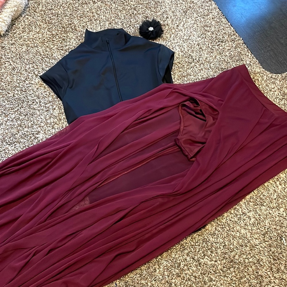 Black Leo and maroon flowey skirt - contemporary style dance costume.